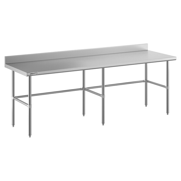 A Regency stainless steel work table with an open metal base and a long rectangular top.