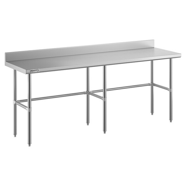 A Regency stainless steel work table with open metal base.