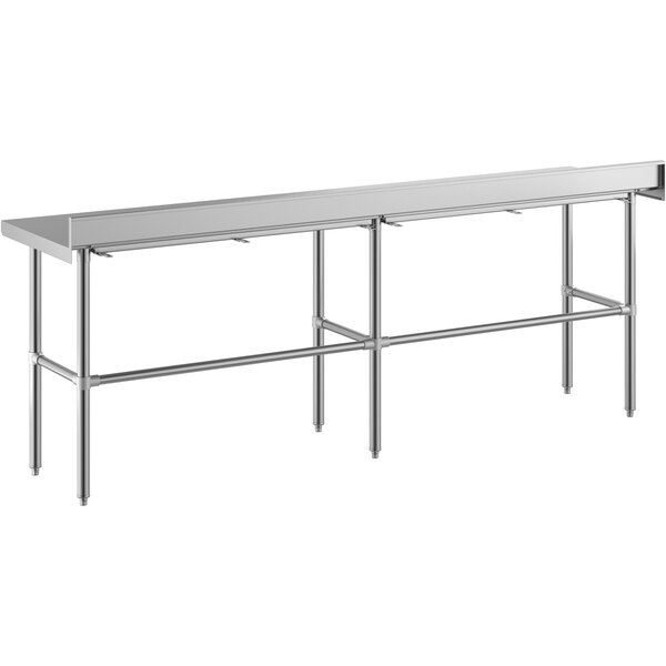 A Regency stainless steel work table with long legs.