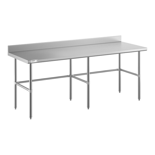 A stainless steel work table with an open base, six legs, and a 4-inch backsplash along the back edge.