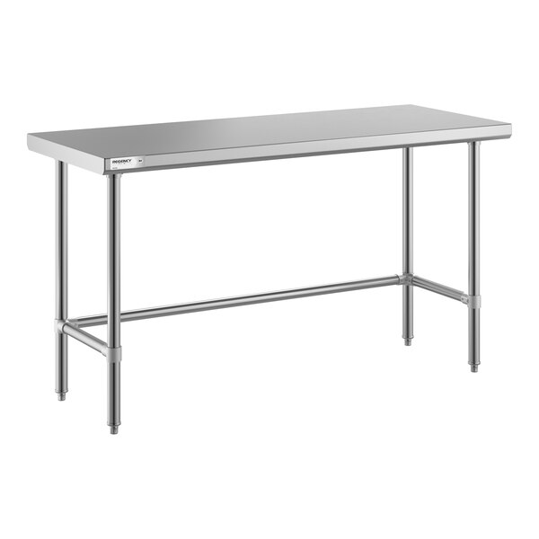 A rectangular stainless steel table with an open base and four legs connected by horizontal support bars.