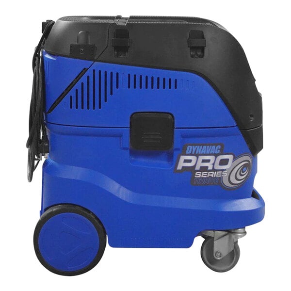 An Onfloor Dynavac Pro 1600IC dust collector vacuum on wheels with blue and black parts.