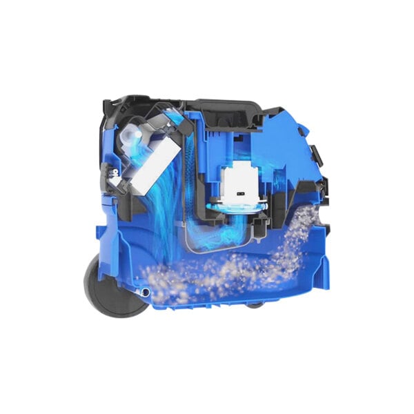 A blue and black Onfloor Dynavac Pro 1600IC dust collector vacuum with wheels.