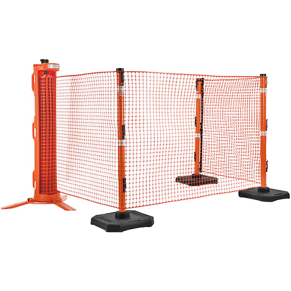 An orange net fence with black poles.