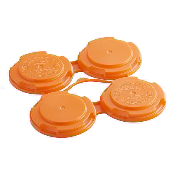 A PakTech Tropical Orange plastic can carrier with three containers in it.