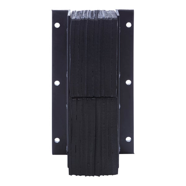 A vertical laminated dock bumper with a black rubber surface and metal mounting plates.