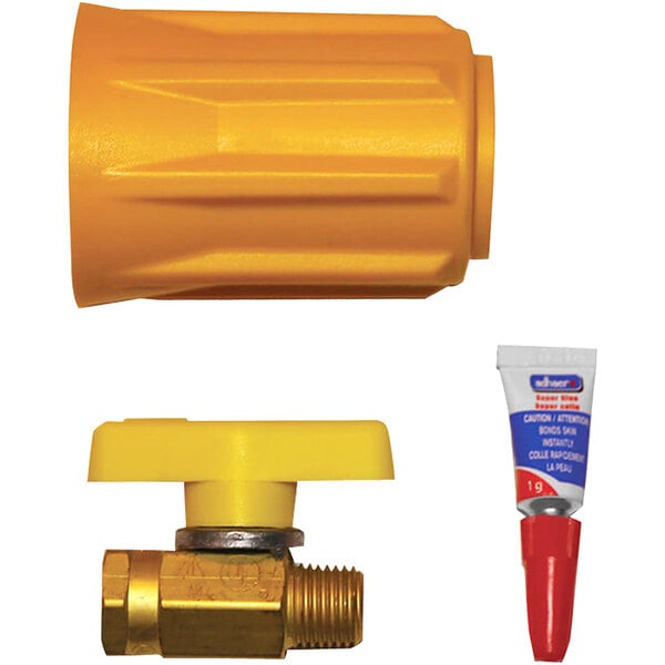 A yellow Ideal Warehouse Quick Change Propane Forklift Safety Valve with a yellow tube.