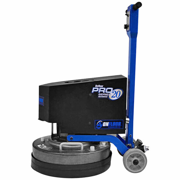 An Onfloor 20" planetary floor grinder with wheels and a handle.