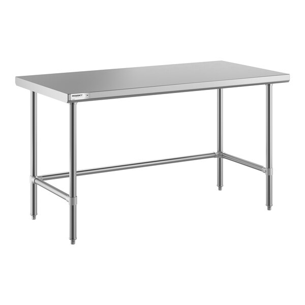 A rectangular stainless steel table with an open base and four legs connected by horizontal support bars.