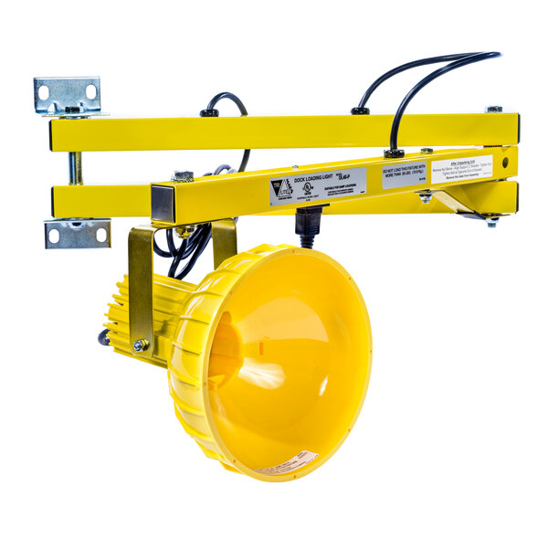 A yellow industrial dock loading light with a 40-inch adjustable arm and an incandescent lamp.