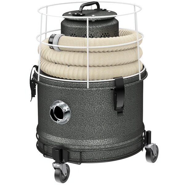 A black and grey Mastercraft steel cylinder vacuum with white hoses and wheels.
