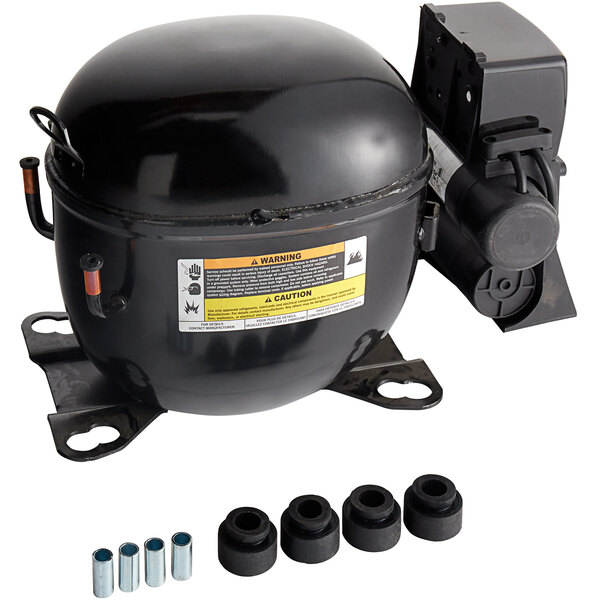 A black air compressor with a yellow label on the front.