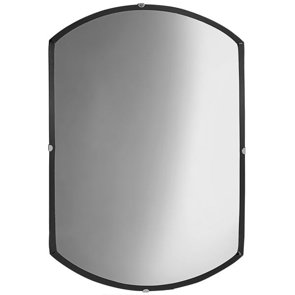 A large mirror with a black frame.