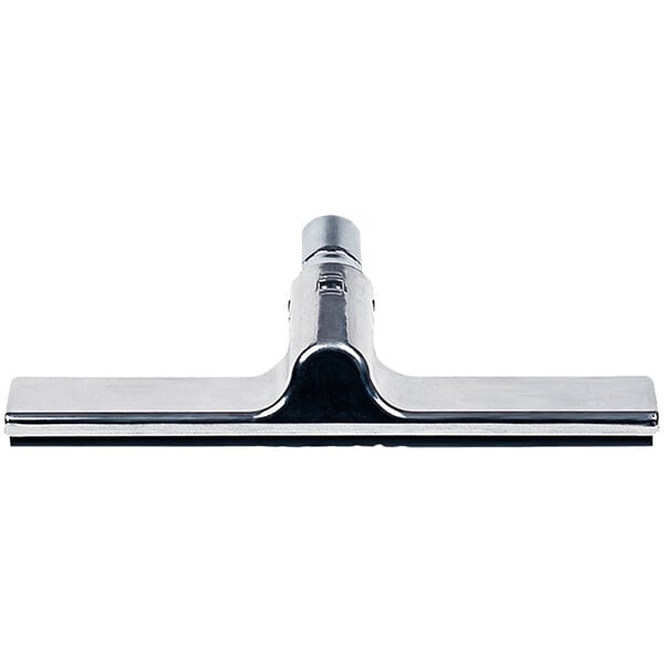A close-up of a chrome plated metal Onfloor 14" sweeper tool for a Dynavac Pro vacuum.