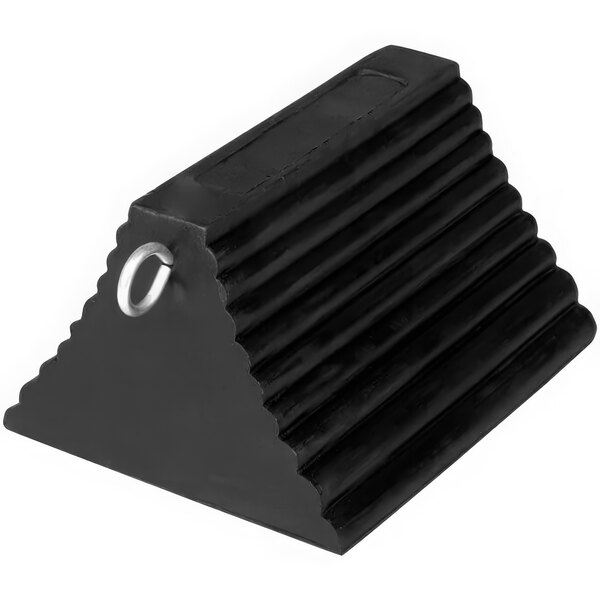 A black molded rubber triangle with a silver eye hook.