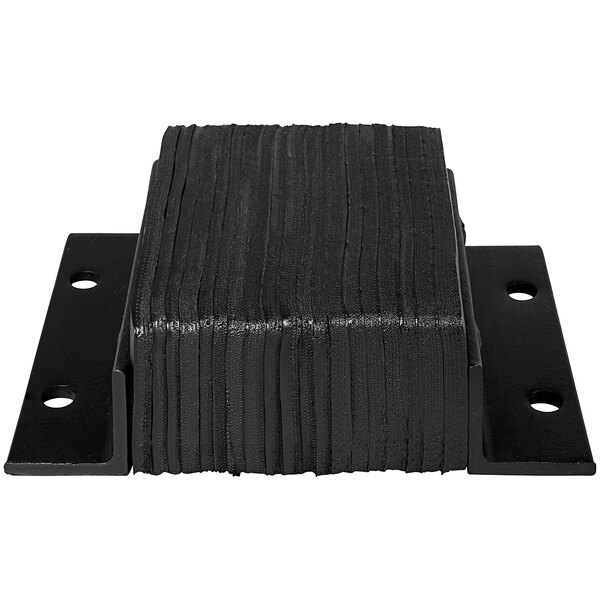 A black rubber Ideal Warehouse dock bumper with two holes in it.