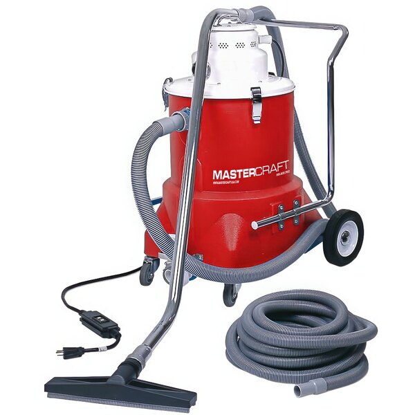 A red and white Mastercraft wet/dry vacuum cleaner with pump-out capability.