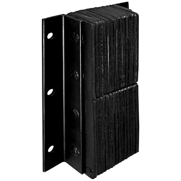 A stack of black metal plates with two holes on one side.