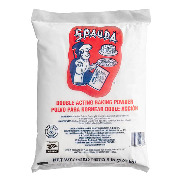 A white bag labeled "Double Acting Baking Powder" with red and blue graphics and bilingual text, weighing 5 lb (2.27 kg).