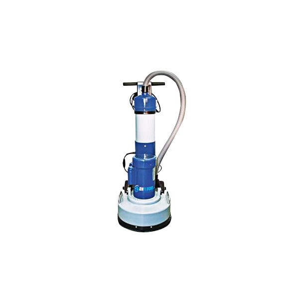 The blue and white Onfloor 16" Planetary Single Low Speed Floor Sander with Vacuum pump.