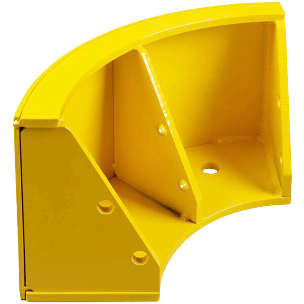 A yellow metal corner guard with holes.