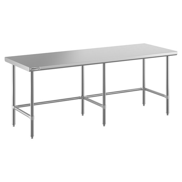 A Regency stainless steel open base work table with a long rectangular top.