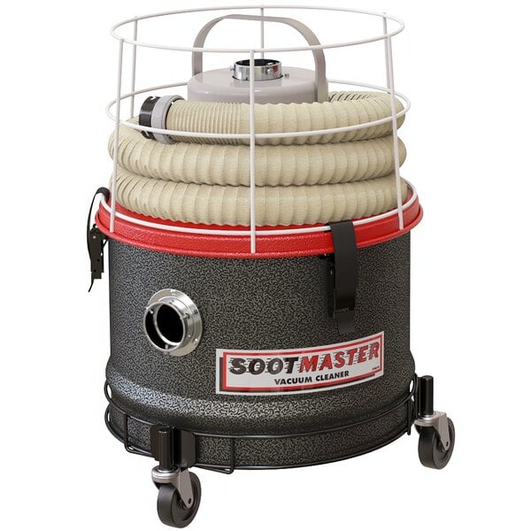 A Mastercraft SootMaster furnace cleaning vacuum on wheels with a hose and white and red handle.