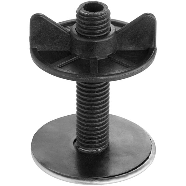 A black plastic faucet hole cover with a metal nut.
