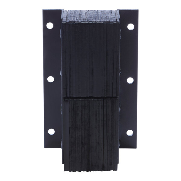 A vertical laminated dock bumper with metal mounting plates and multiple bolt holes.