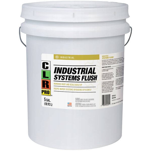 A white CLR Industrial Systems Flush 5 gallon bucket with a label.