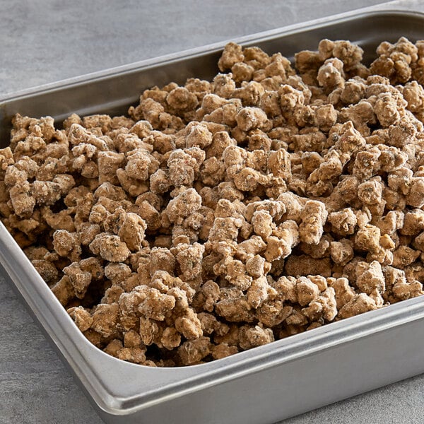 A white tray filled with Beyond Meat plant-based beef crumbles.