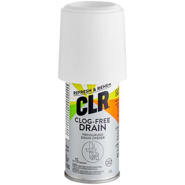 A close up of a CLR PRO Pressurized Drain Opener spray bottle.