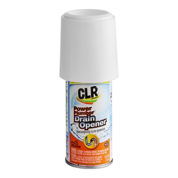 A can of CLR Pro pressurized drain opener on a white background.