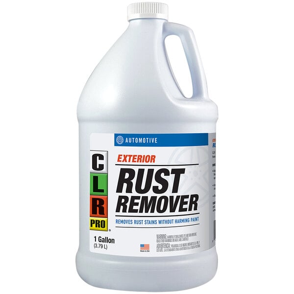 A white bottle of CLR Pro Exterior Rust Remover for Mechanical Chemicals.