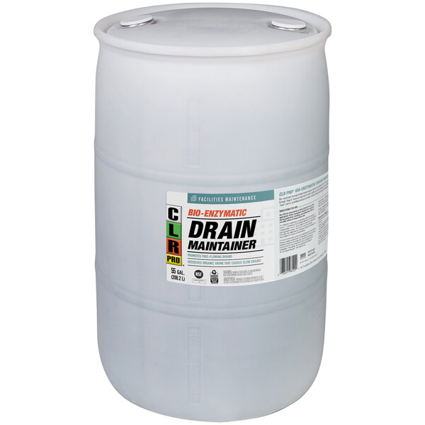 A white plastic container of CLR PRO Bio-Enzymatic Drain Maintainer with a label.