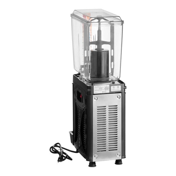 A single-bowl refrigerated beverage dispenser with a clear container and a black and silver base.