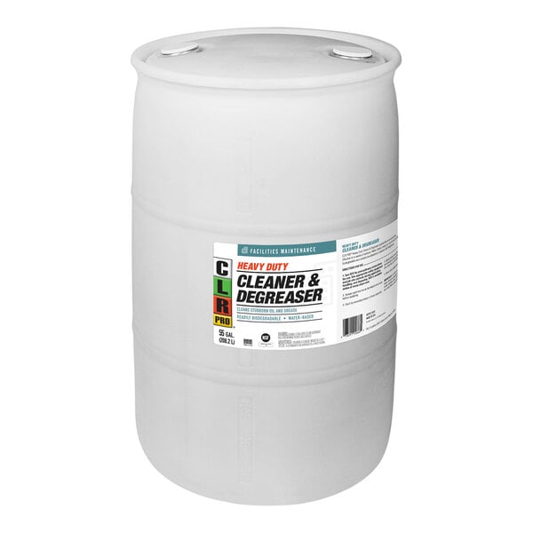 A white plastic drum of CLR PRO Heavy-Duty Cleaner and Degreaser with a label.