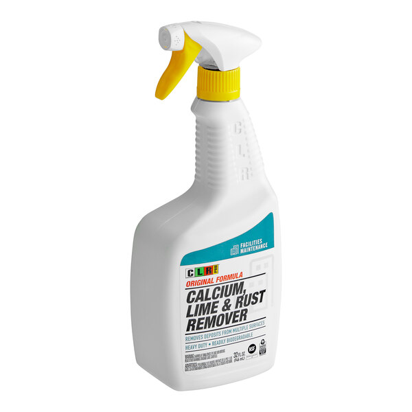 A white bottle of CLR Calcium, Lime, and Rust Remover with a yellow sprayer.