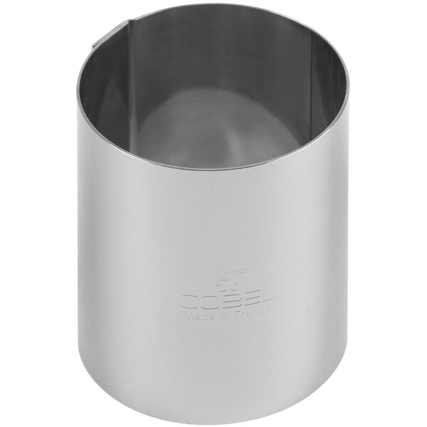 A stainless steel cylinder with a silver logo on it.