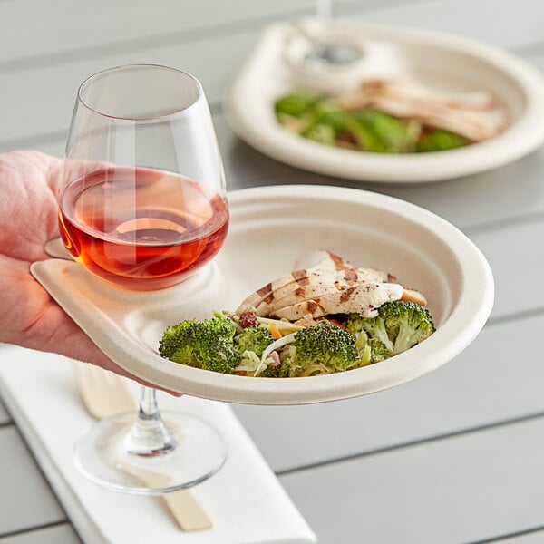 A hand holding a World Centric compostable plate with a drink and a plate of food.