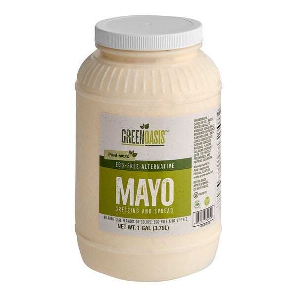 A white jar of Green Oasis Vegan Mayonnaise with a label.