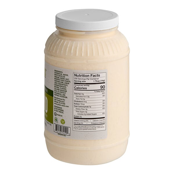 A white gallon container of Green Oasis Vegan Mayonnaise with a label.
