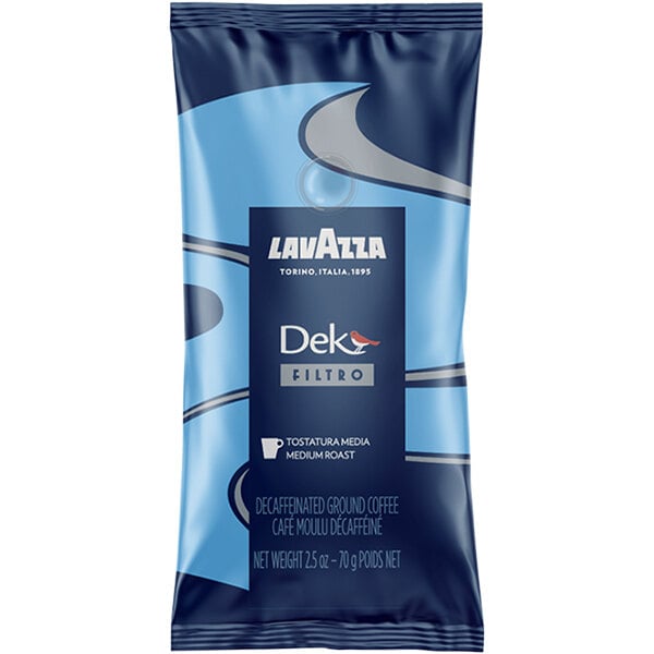 A blue and white package of Lavazza Dek Filtro Decaf Coffee with a blue label.