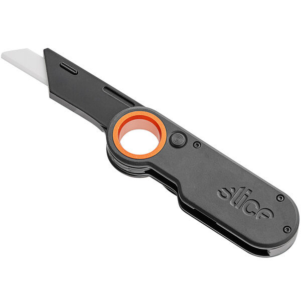 A Slice folding utility knife with an orange handle and black blade.