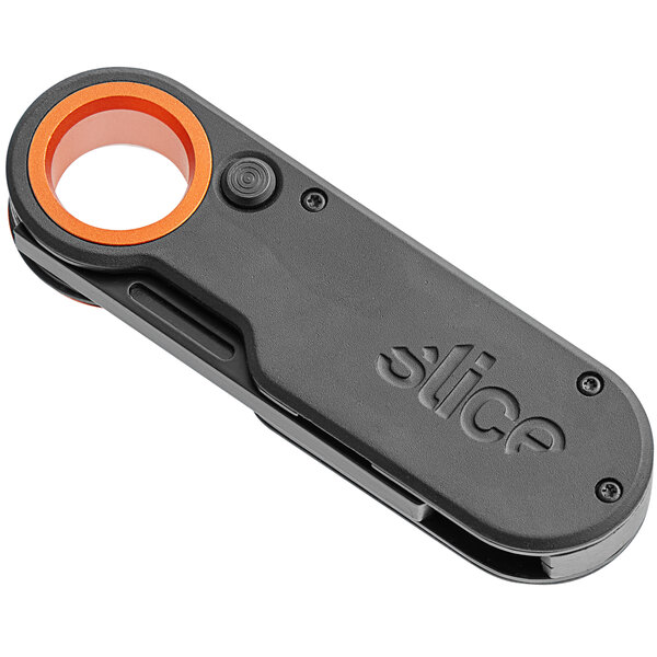 A black and orange Slice folding utility knife.
