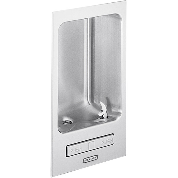 An Elkay stainless steel recessed wall mounted drinking fountain.