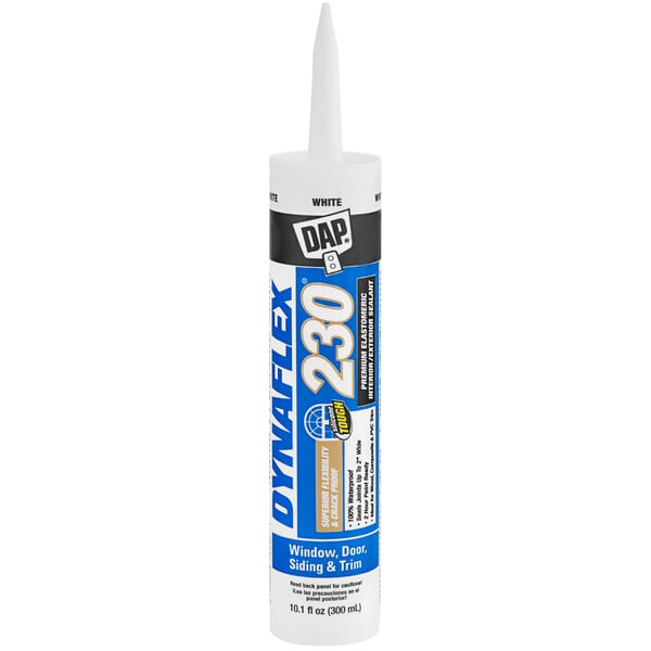 A white tube of DAP Dynaflex 230 Window, Door, and Trim Sealant with a blue and white label and white cap.