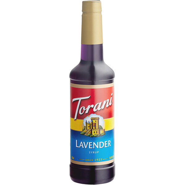 A close up of a Torani Lavender Flavoring Syrup bottle with a label.