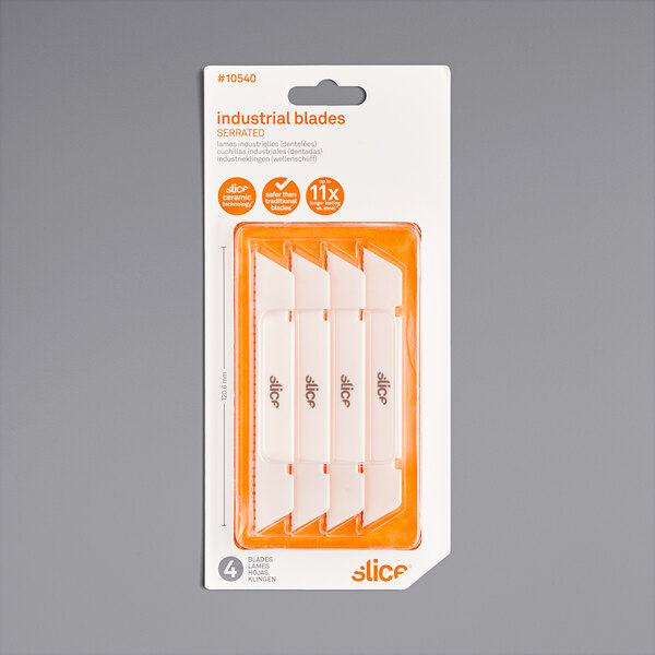 A package of Slice serrated blades for industrial knives with white packaging.