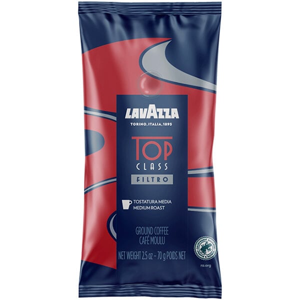 A blue and red Lavazza coffee bag with a white label.